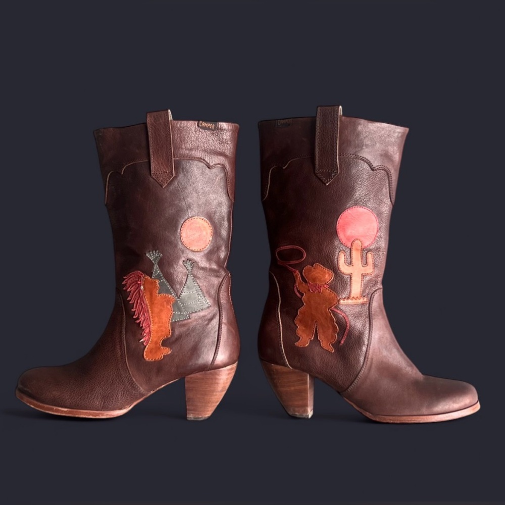 VINTAGE Camper Twins western-style leather boots with patchwork EU 38 (7.5) - Picture 2 of 8